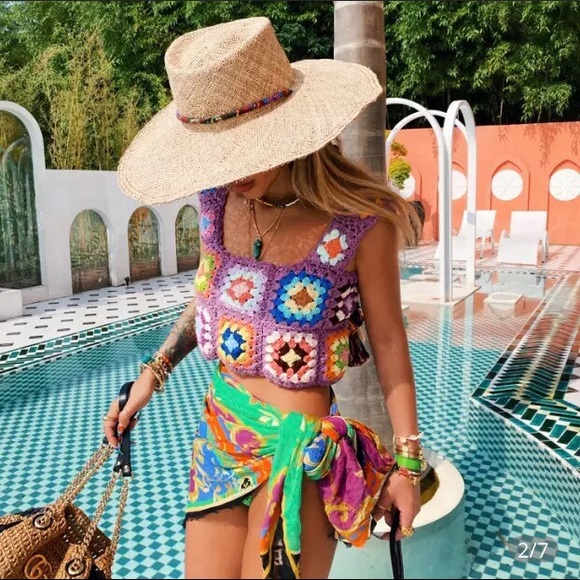 NEW! Boho, multi colour, crocheted, cotton crop top - Picture 11 of 13